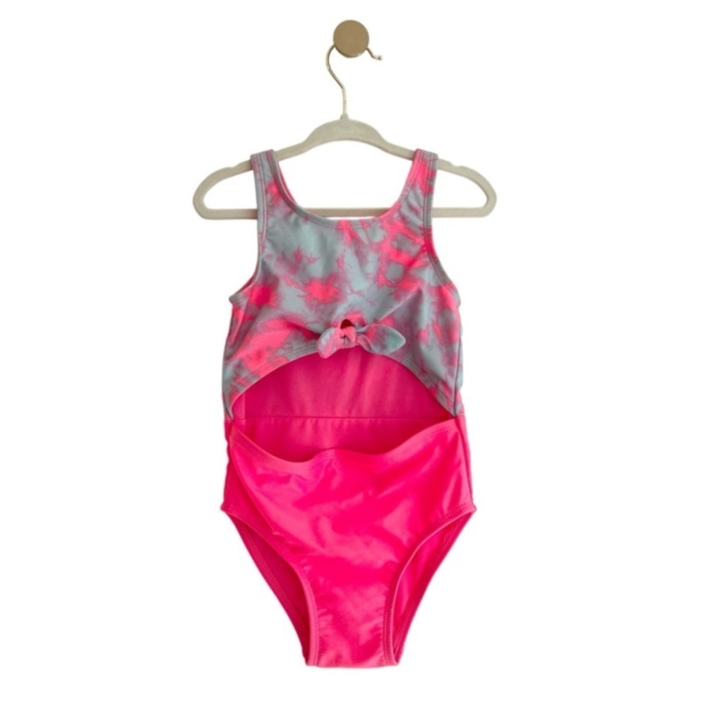 Cat & Jack Pink & Light Aqua One Piece Swimsuit with Tie Accent Kids Girls 3T